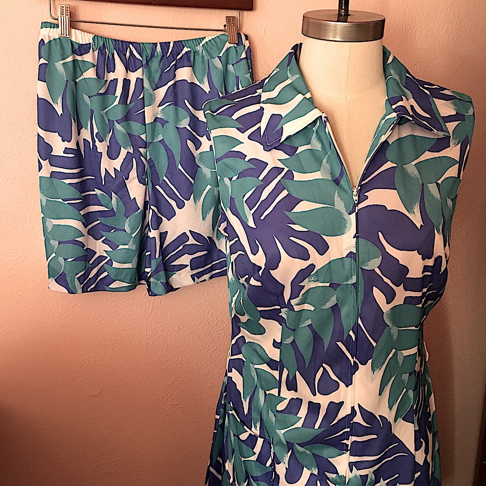Vintage 60 70 Retro Mod Beach Blue Green Palm Print Coverup Robe Shorts Set